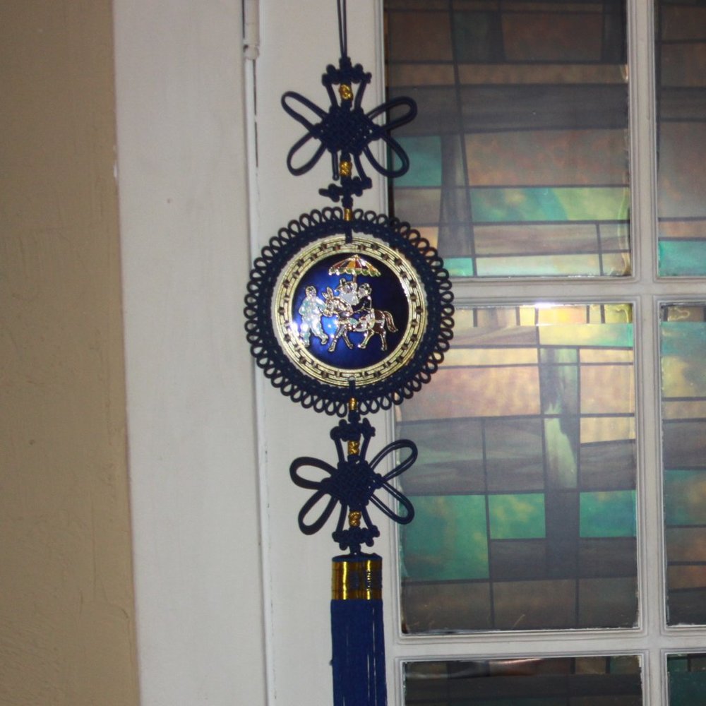 VINTAGE BLUE Brass Enameled  Asian Oriental 45" Wall Hanging  Tassels